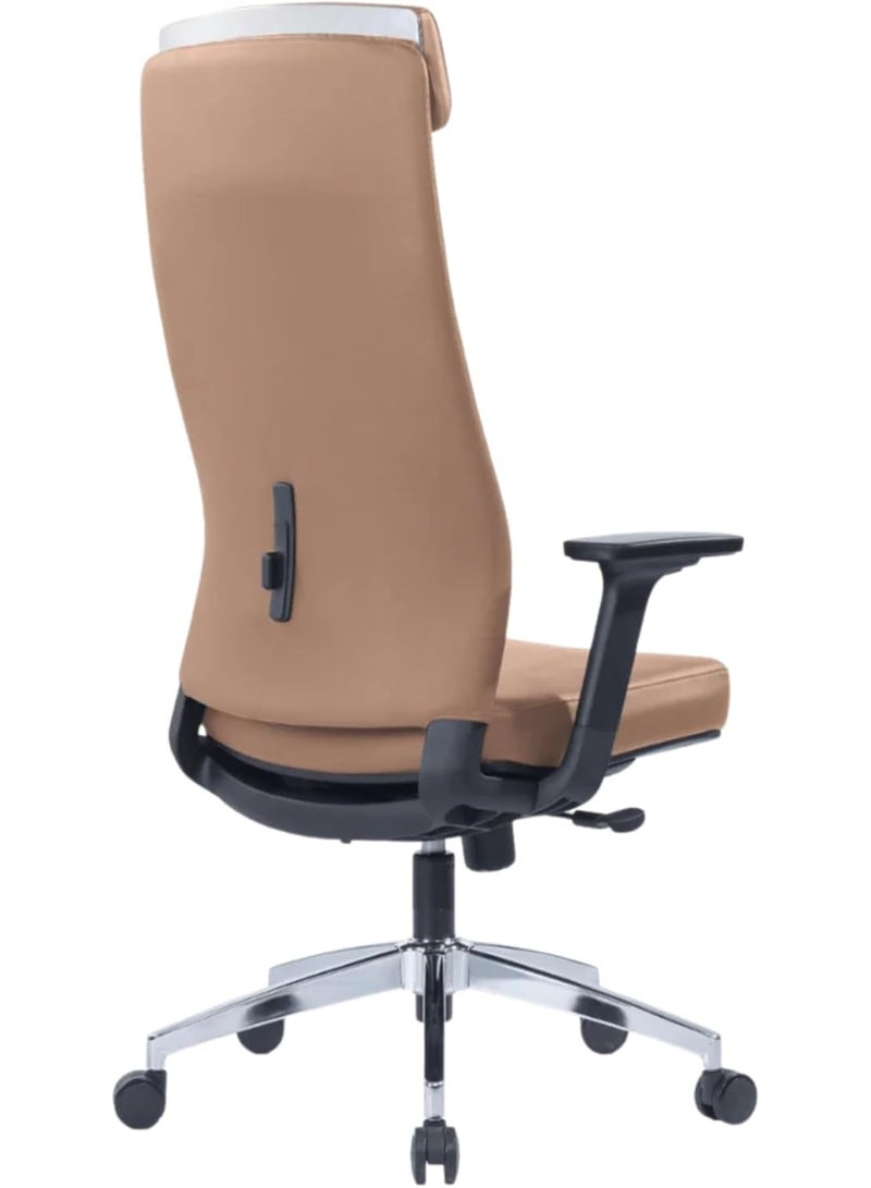 Kaliber Elite High Back Office Chair in Brown PU Leather with PVC Upholstery, Padded Armrests, 4-Recline Lock Tilt Mechanism, Gaslift, Aluminium Base & Nylon Casters - Image 4