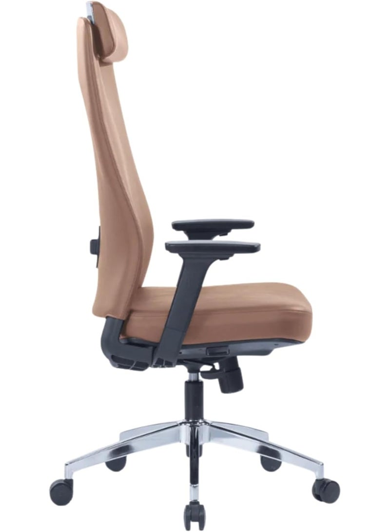 Kaliber Elite High Back Office Chair in Brown PU Leather with PVC Upholstery, Padded Armrests, 4-Recline Lock Tilt Mechanism, Gaslift, Aluminium Base & Nylon Casters - Image 3