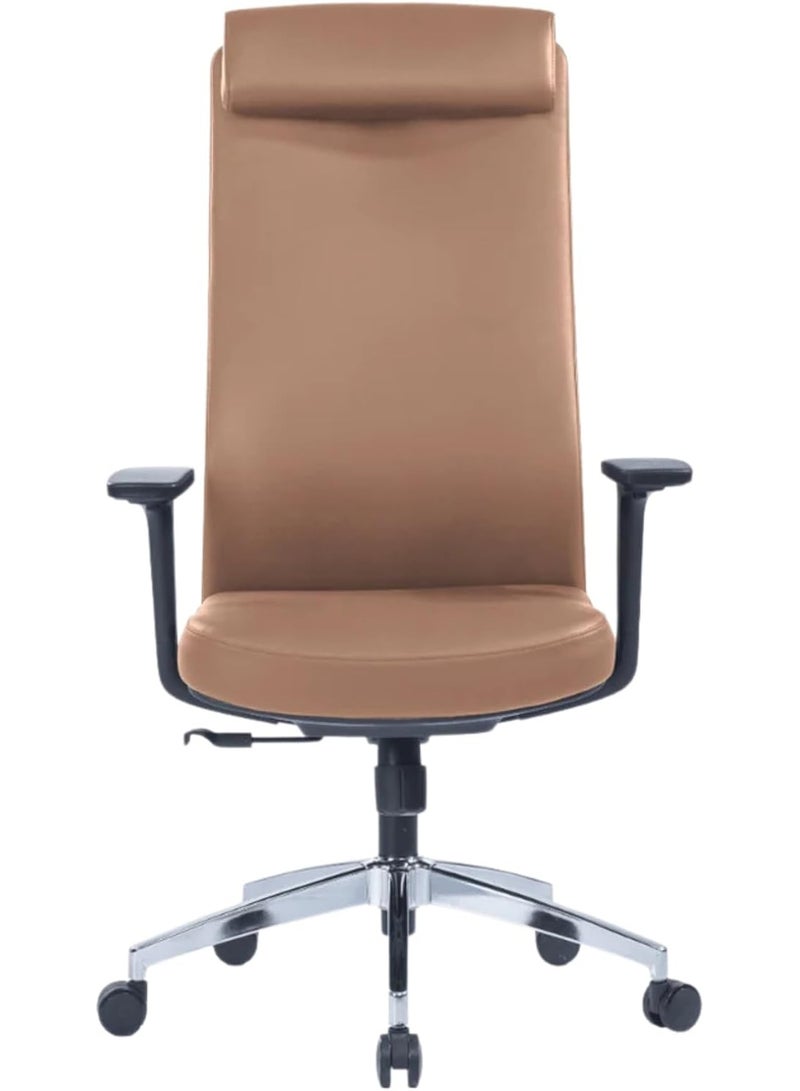Kaliber Elite High Back Office Chair in Brown PU Leather with PVC Upholstery, Padded Armrests, 4-Recline Lock Tilt Mechanism, Gaslift, Aluminium Base & Nylon Casters - Image 2