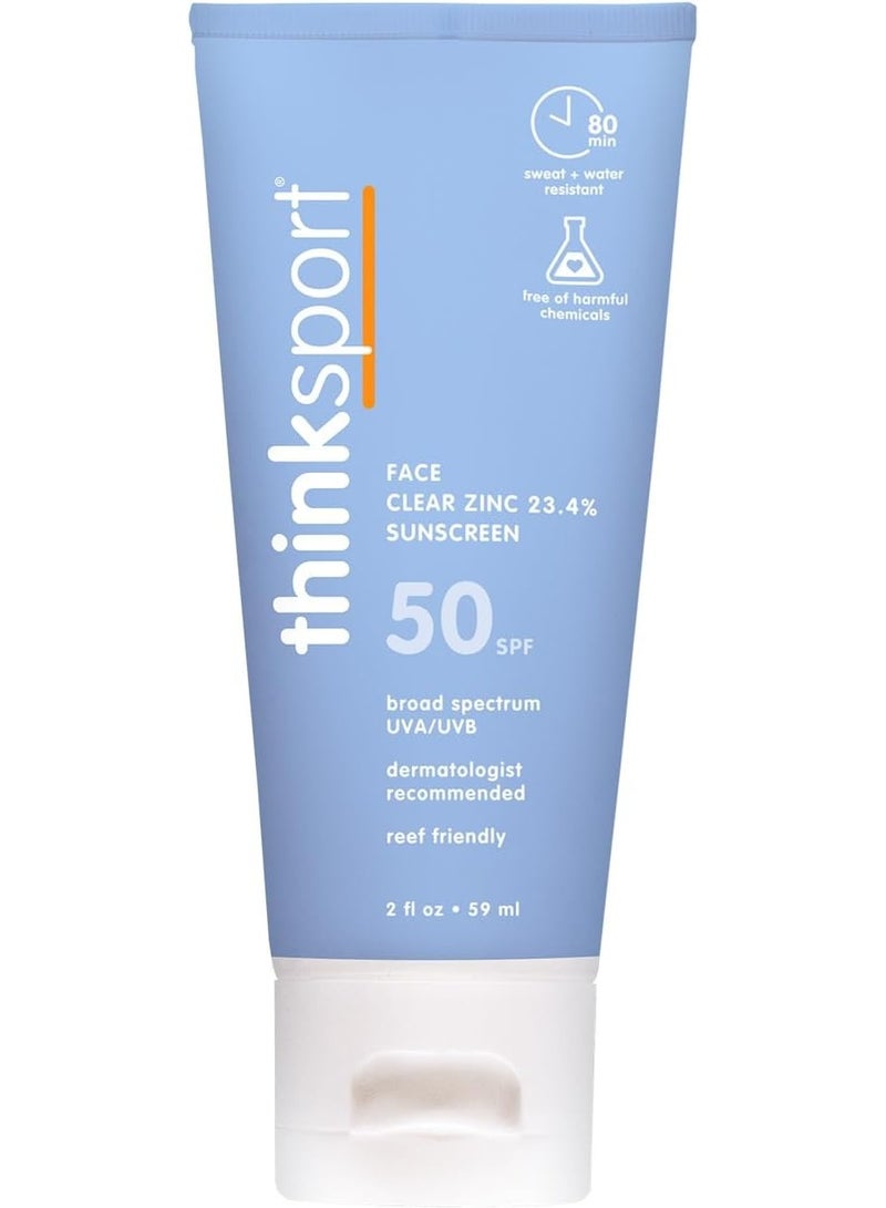 Thinksport SPF 50+ Sunscreen for Face with Clear Zinc Oxide, 2 Fl Oz – Safe, Natural, Water Resistant Face Sunscreen UVA/UVB Sun Protection – Vegan, Reef Safe Sunscreen - Image 1