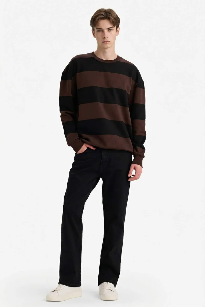 Defacto Boxy Fit Crew Neck Striped Sweatshirt