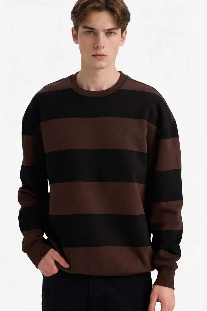 Defacto Boxy Fit Crew Neck Striped Sweatshirt