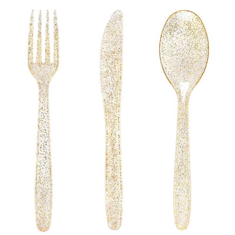 أدوات المائدة البلاستيكية الذهبية WDF 360 أدوات مائدة فضية قابلة للتصرف مع لمسة من اللمعان الذهبي تشمل 120 شوكة 120 ملعقة 120 سكين لحفلات الزفاف