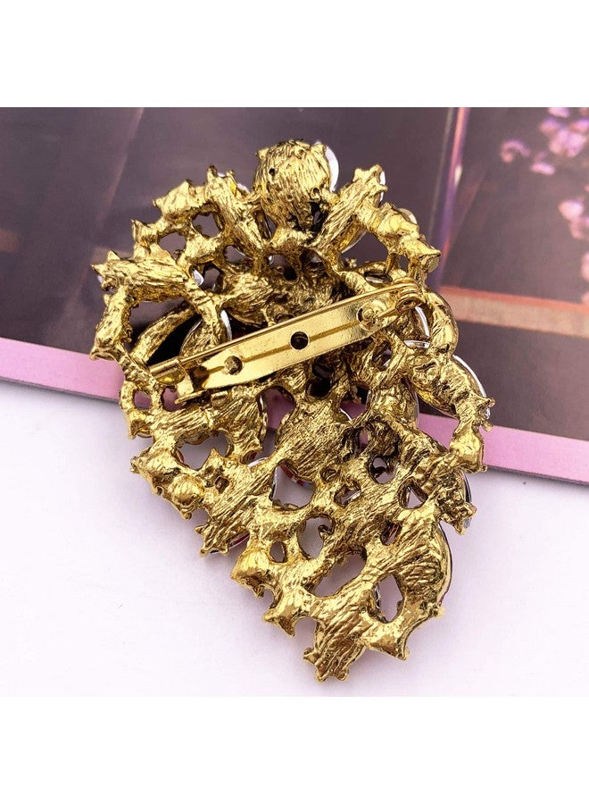 SELOVO Red Flower Statement Brooch Pin Jewelry Accessory Rhinestone Crystal Gold Tone - Image 3