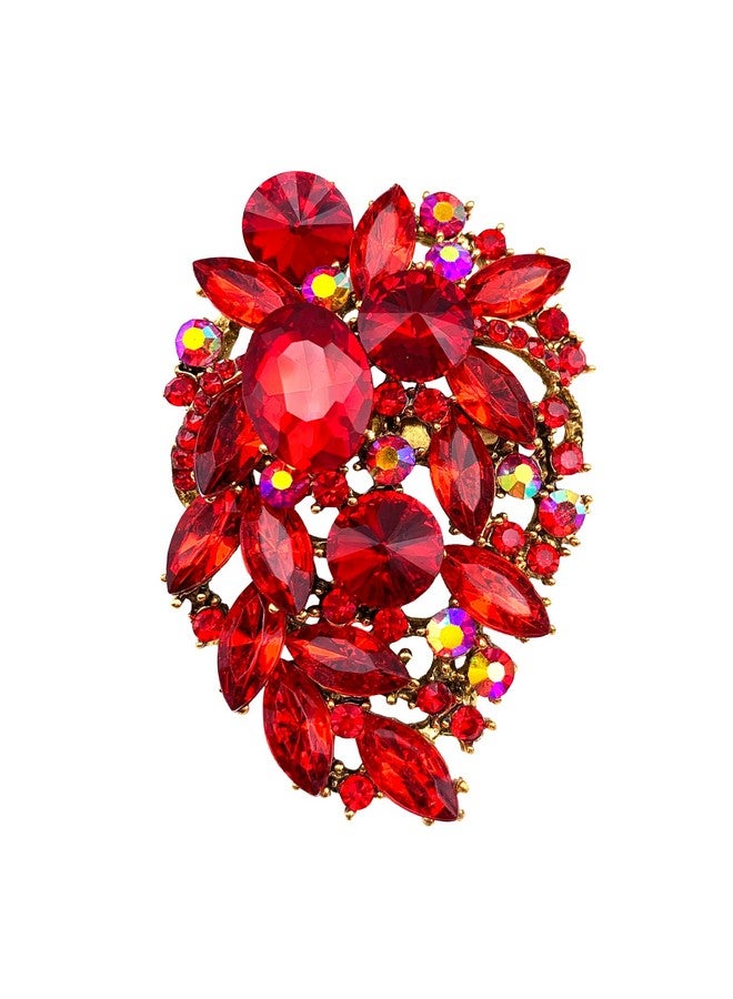 SELOVO Red Flower Statement Brooch Pin Jewelry Accessory Rhinestone Crystal Gold Tone - Image 1