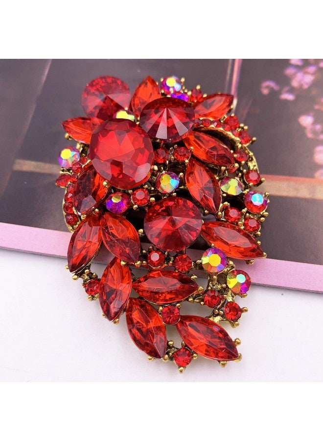 SELOVO Red Flower Statement Brooch Pin Jewelry Accessory Rhinestone Crystal Gold Tone - Image 2