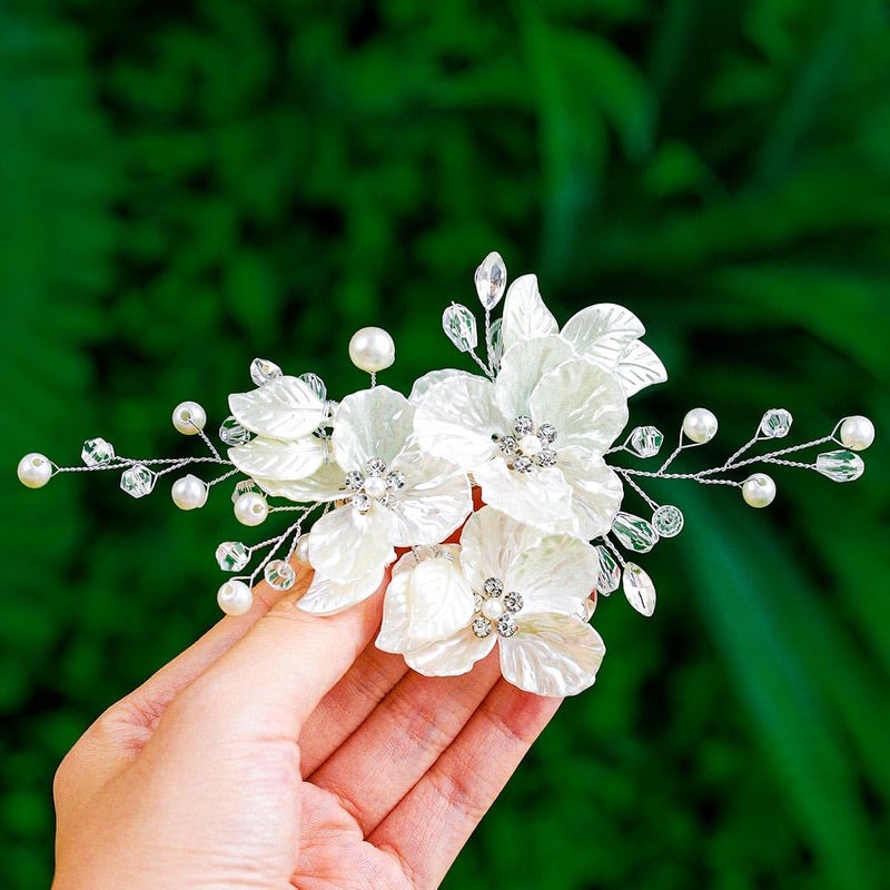 Foyte Bridal Flower Hair Clip White Flower Hair Comb Rhinestone Floral Hairpin Crystal Pearl Hairpieces for Women and Brides - Image 1