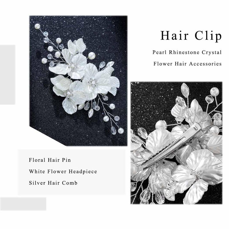 Foyte Bridal Flower Hair Clip White Flower Hair Comb Rhinestone Floral Hairpin Crystal Pearl Hairpieces for Women and Brides - Image 3