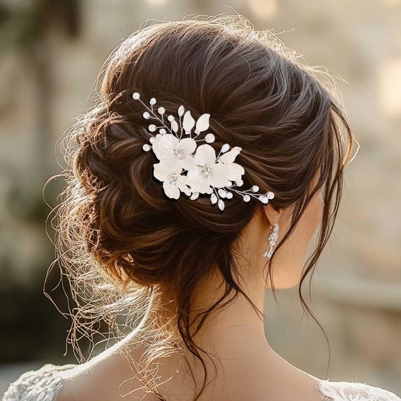 Foyte Bridal Flower Hair Clip White Flower Hair Comb Rhinestone Floral Hairpin Crystal Pearl Hairpieces for Women and Brides - Image 4