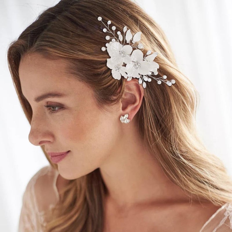 Foyte Bridal Flower Hair Clip White Flower Hair Comb Rhinestone Floral Hairpin Crystal Pearl Hairpieces for Women and Brides - Image 2