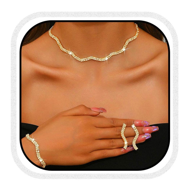 Aukmla Rhinestones Bridal Wedding Jewelry Set Choker Necklaces Earrings Bracelet Sets Prom Jewelry for Women and Brides (Gold) - Image 1