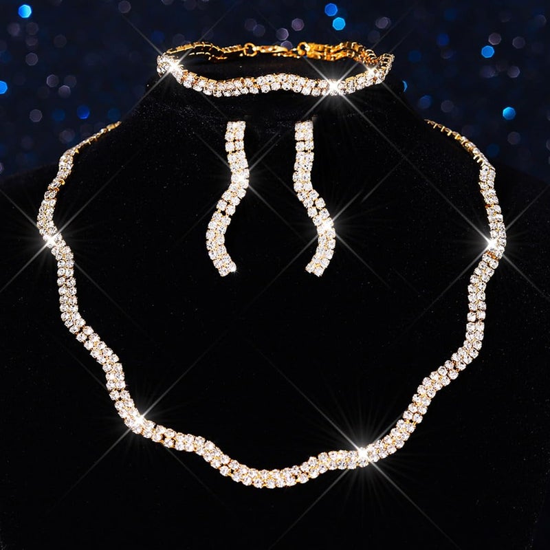 Aukmla Rhinestones Bridal Wedding Jewelry Set Choker Necklaces Earrings Bracelet Sets Prom Jewelry for Women and Brides (Gold) - Image 5