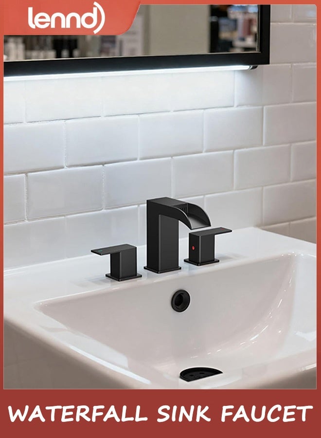 لينند صنبور الحمام، حنفيات حمام مربعة غير لامعة باللون الأسود 3 فتحات، صنبور حوض حمام شلال منتشر 20 سم مع خطوط تصريف وإمداد معدنية منبثقة، مقبضين للزينة والمرحاض والحمام - Image 1