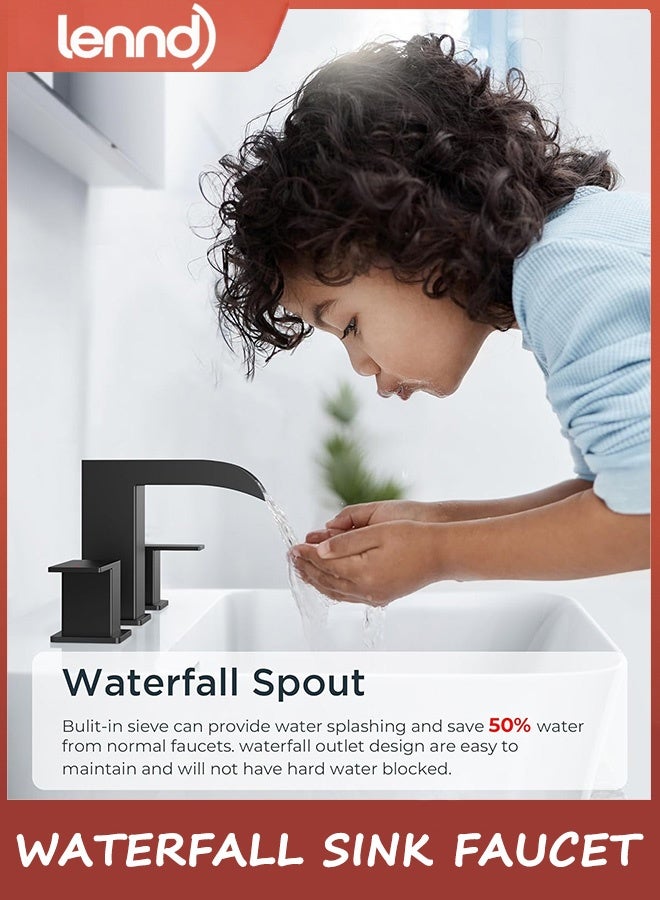 لينند صنبور الحمام، حنفيات حمام مربعة غير لامعة باللون الأسود 3 فتحات، صنبور حوض حمام شلال منتشر 20 سم مع خطوط تصريف وإمداد معدنية منبثقة، مقبضين للزينة والمرحاض والحمام - Image 5