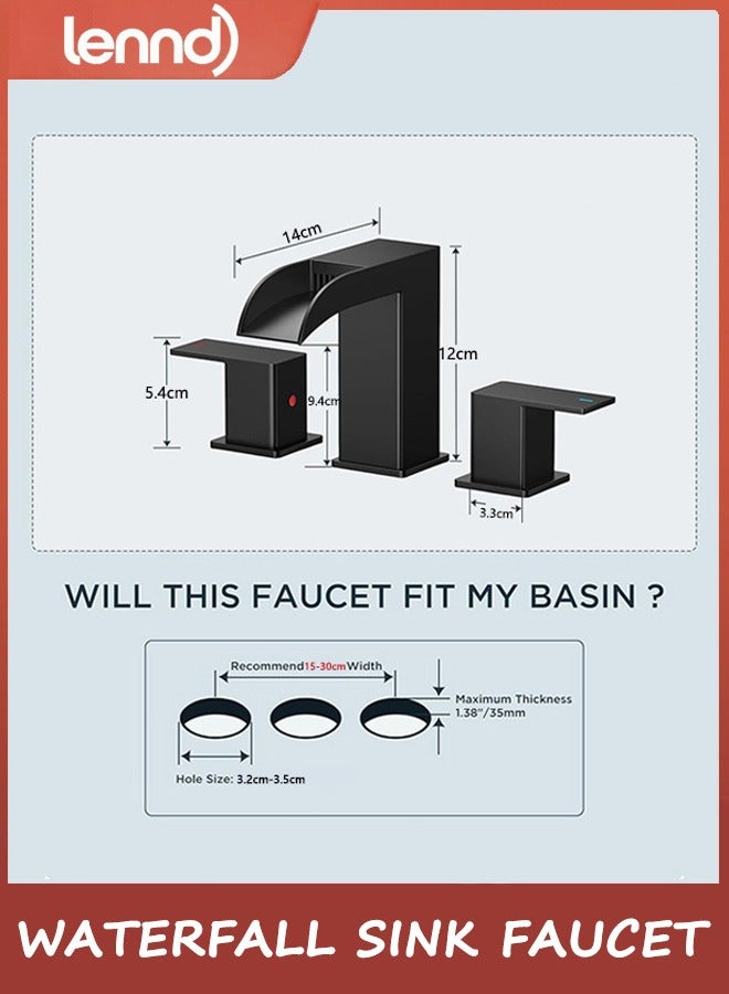 لينند صنبور الحمام، حنفيات حمام مربعة غير لامعة باللون الأسود 3 فتحات، صنبور حوض حمام شلال منتشر 20 سم مع خطوط تصريف وإمداد معدنية منبثقة، مقبضين للزينة والمرحاض والحمام - Image 2