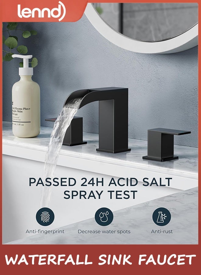 لينند صنبور الحمام، حنفيات حمام مربعة غير لامعة باللون الأسود 3 فتحات، صنبور حوض حمام شلال منتشر 20 سم مع خطوط تصريف وإمداد معدنية منبثقة، مقبضين للزينة والمرحاض والحمام - Image 3