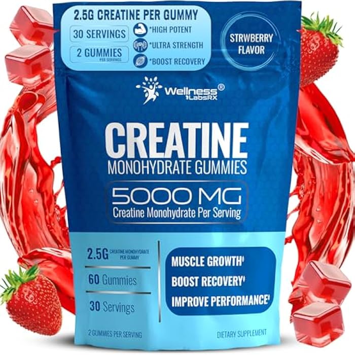 WELLNESS LABSRX Creatine Gummies 5000mg, 30 Servings Creatine Monohydrate Gummies - Third-Party Tested Creatine for Women, Strawberry Flavor Creatine for Men, Muscle Growth, Strength, and Recovery - Pack of 1 - Image 1