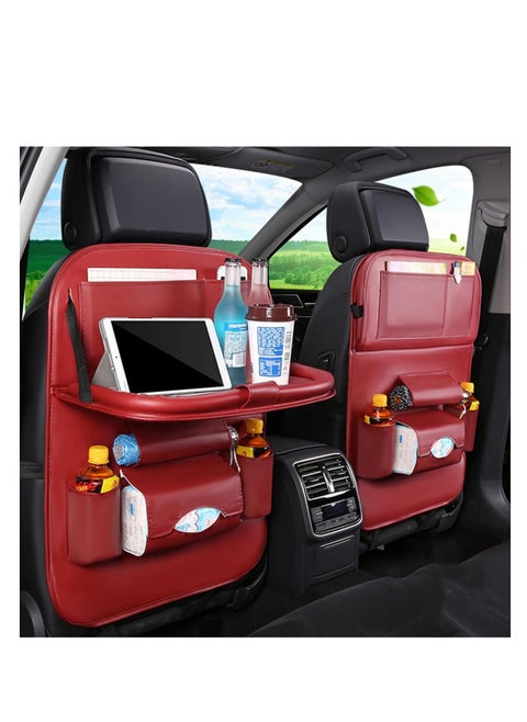 Car Back Seat Organizer, 2 Pack Pu Leather Car Back Seat Organizer, with Foldable Table Tray, Babies Toys Storage with Foldable Dining Table Holder, Pocket with Touch Screen Tablet Holder (Red)