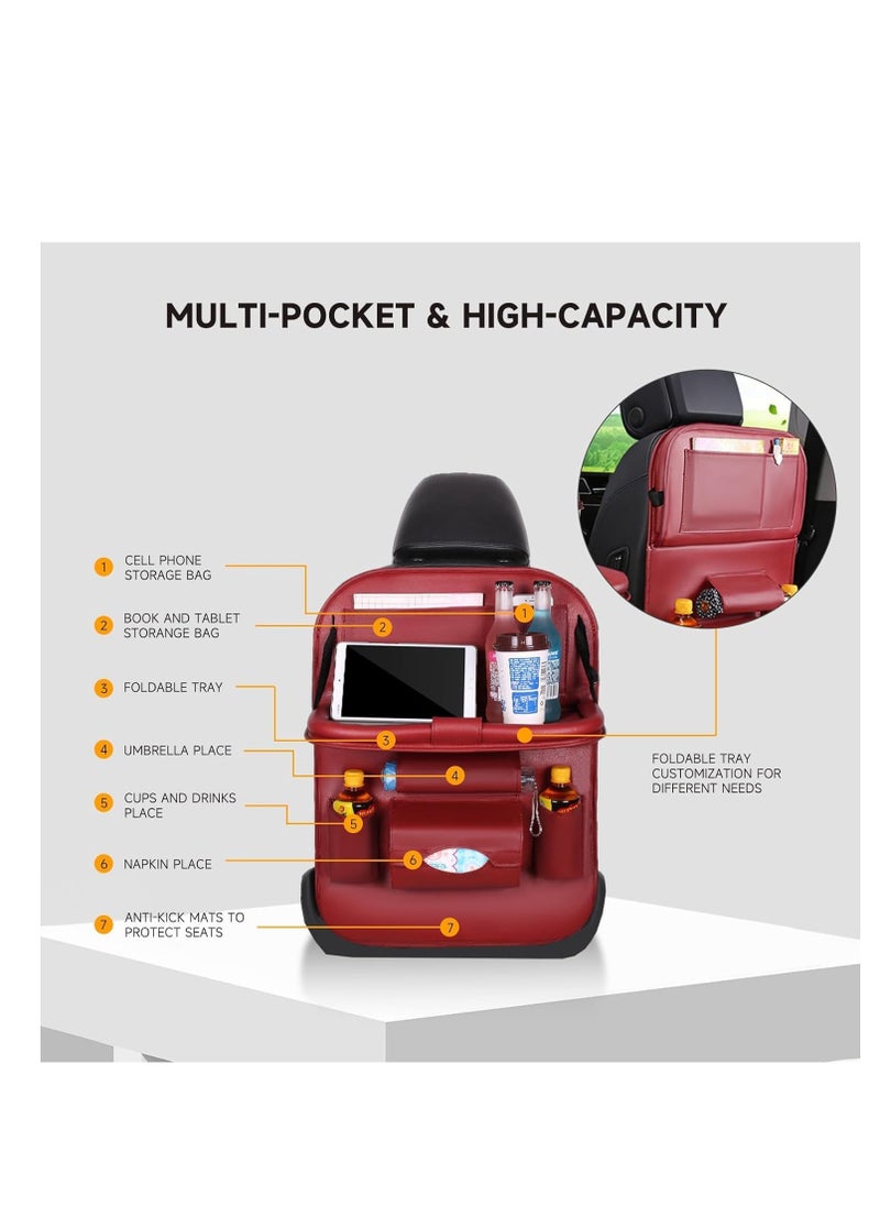 SYOSI - Car Back Seat Organizer, 2 Pack Pu Leather Car Back Seat Organizer, with Foldable Table Tray, Babies Toys Storage with Foldable Dining Table Holder, Pocket with Touch Screen Tablet Holder (Red) - Image 1