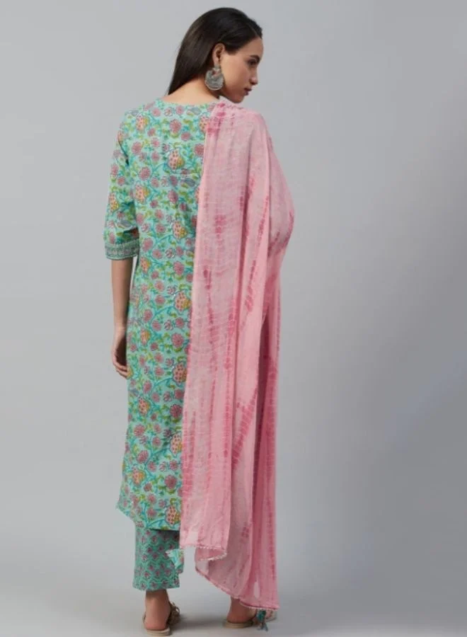 Yuris  Yuris Women Green  Peach-Coloured Printed Kurta with Palazzos  Dupatta for Women | Best Price UAE