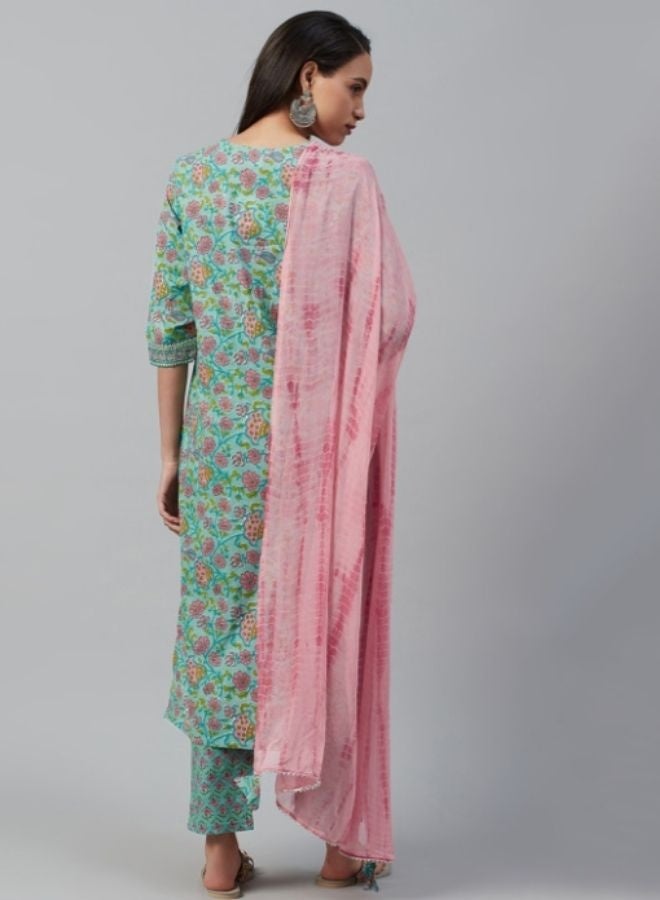 Yuris Women Green  Peach-Coloured Printed Kurta with Palazzos  Dupatta - Image 3