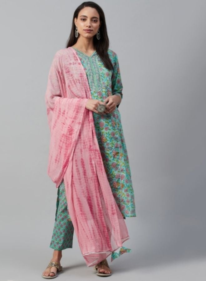 Yuris Women Green  Peach-Coloured Printed Kurta with Palazzos  Dupatta - Image 1