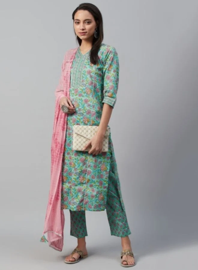 Yuris  Yuris Women Green  Peach-Coloured Printed Kurta with Palazzos  Dupatta for Women | Best Price UAE