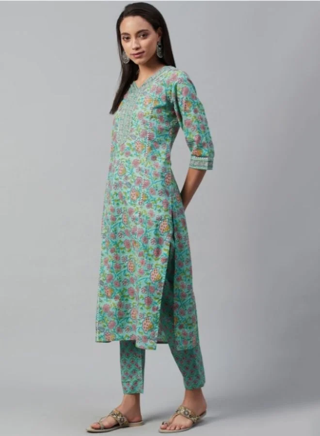 Yuris Yuris Women Green  Peach-Coloured Printed Kurta with Palazzos  Dupatta