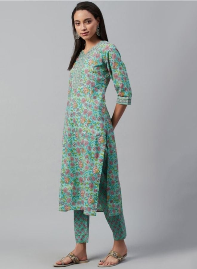 Yuris Women Green  Peach-Coloured Printed Kurta with Palazzos  Dupatta - Image 2