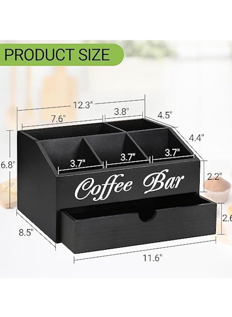 Arabest منظم بار القهوة الخشبي من المزرعة - محطة سطح المكتب مع درج، حامل كبسولات وسلة تخزين (أسود) - Image 4