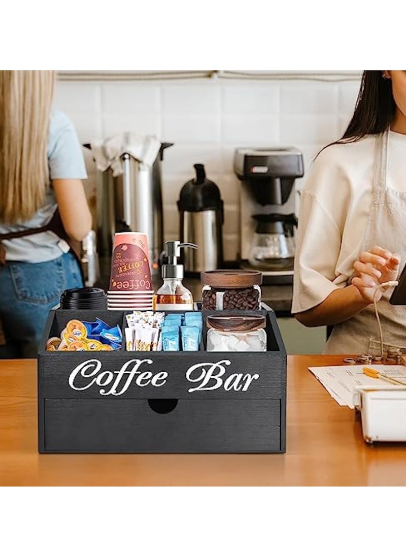 Arabest منظم بار القهوة الخشبي من المزرعة - محطة سطح المكتب مع درج، حامل كبسولات وسلة تخزين (أسود) - Image 5