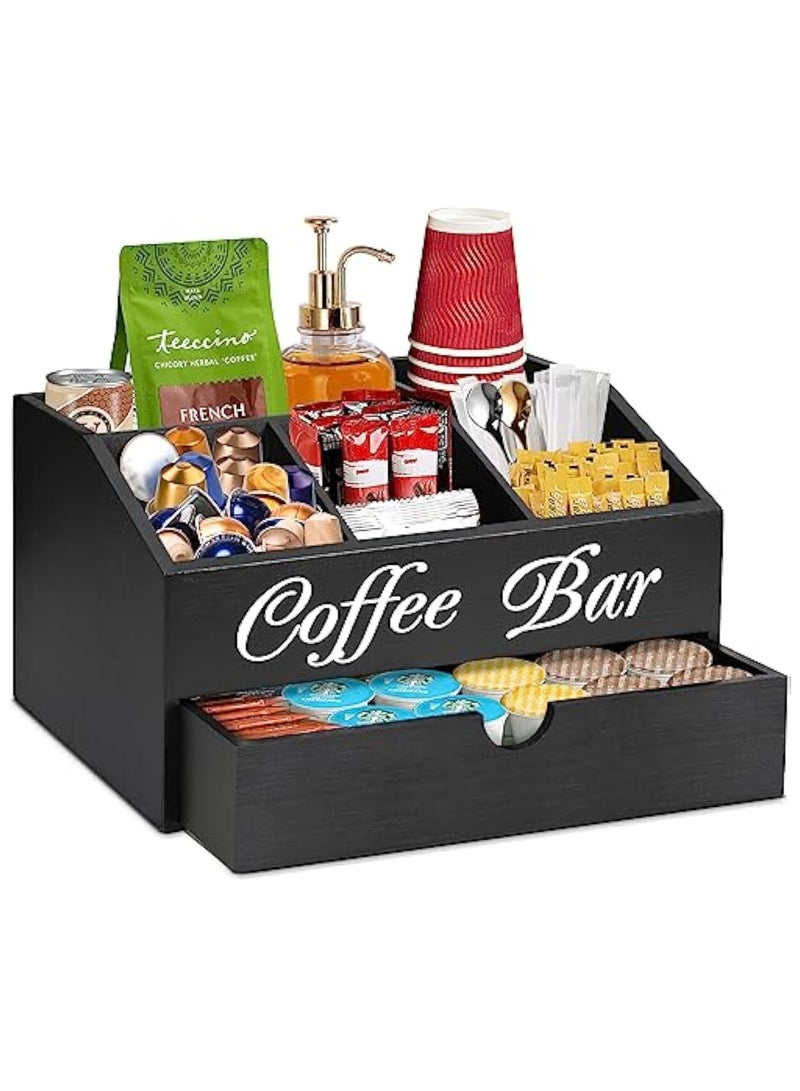 Arabest منظم بار القهوة الخشبي من المزرعة - محطة سطح المكتب مع درج، حامل كبسولات وسلة تخزين (أسود) - Image 2