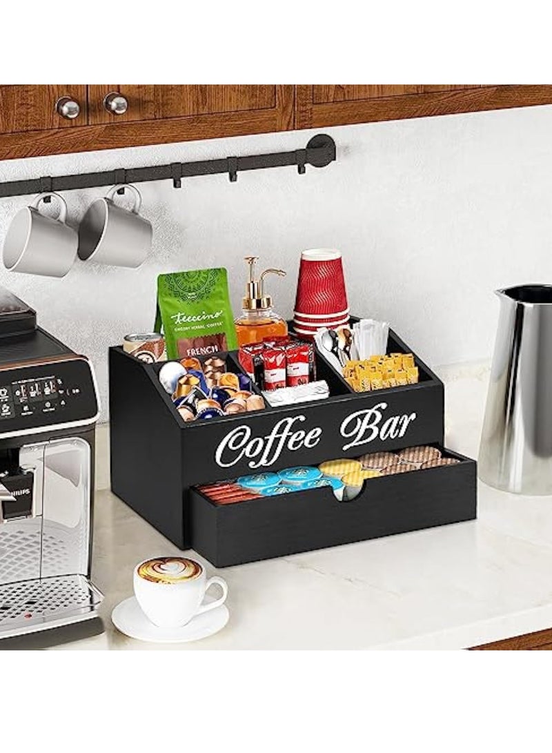 Arabest منظم بار القهوة الخشبي من المزرعة - محطة سطح المكتب مع درج، حامل كبسولات وسلة تخزين (أسود) - Image 3