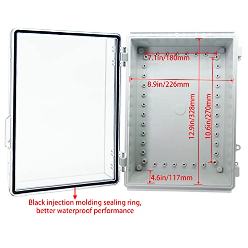 Otdorpatio Junction Box, Hinged Clear Cover Stainless Steel Latch IP67 Waterproof ABS Project Box with 2 Cable Glands,Electrical Box Enclosure with Mounting Plate & Wall Bracket 13.8x9.8x5.9inch - Image 4