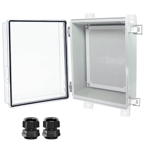 Otdorpatio Junction Box, Hinged Clear Cover Stainless Steel Latch IP67 Waterproof ABS Project Box with 2 Cable Glands,Electrical Box Enclosure with Mounting Plate & Wall Bracket 13.8x9.8x5.9inch - Image 1