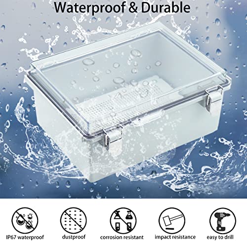 Otdorpatio Junction Box, Hinged Clear Cover Stainless Steel Latch IP67 Waterproof ABS Project Box with 2 Cable Glands,Electrical Box Enclosure with Mounting Plate & Wall Bracket 13.8x9.8x5.9inch - Image 2