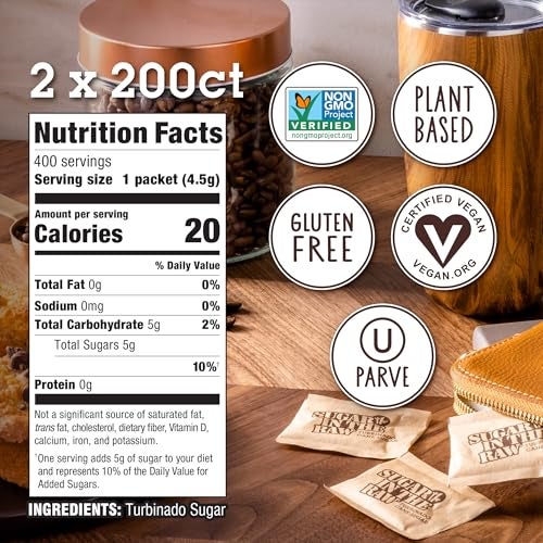 IN THE RAW Sugar In The Raw Granulated Turbinado Cane Sugar On The Go Packets, No Erythritol, Pure Natural Sweetener, Hot & Cold Drinks, Coffee, Baking, Vegan, Gluten-Free, Non-GMO, 200 Count Packets (2-Pack) - Image 4