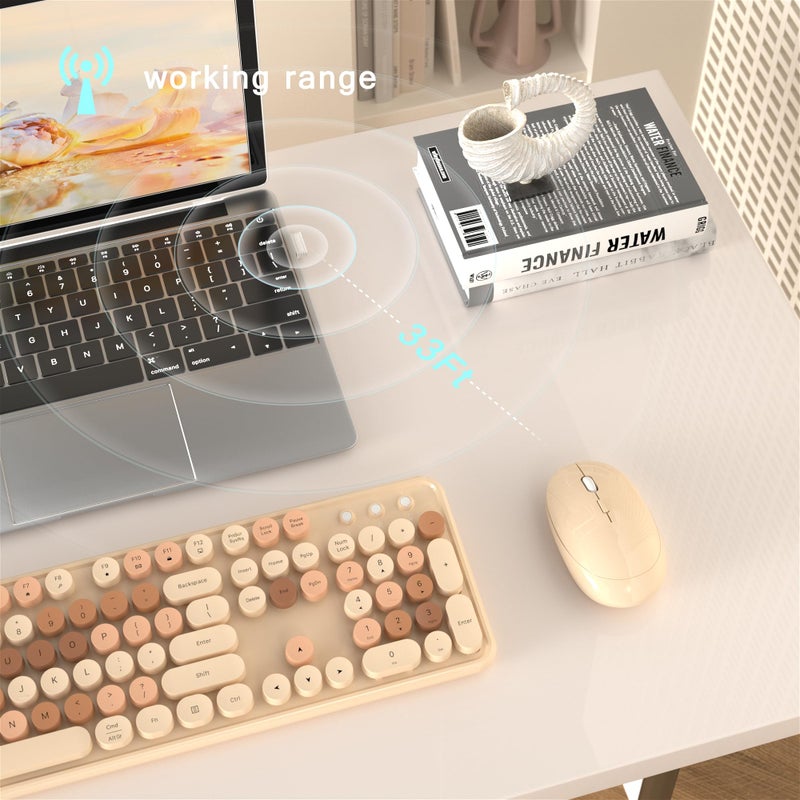 MPTOG Colorful Wireless Computer Keyboard and Mouse Combo with Round Typewriter Keycaps, Retro Design, Power Switch, Ergonomic Design, 2.4GHz Wireless for Windows, Mac, PC(Milk-Tea Colorful) - Image 4