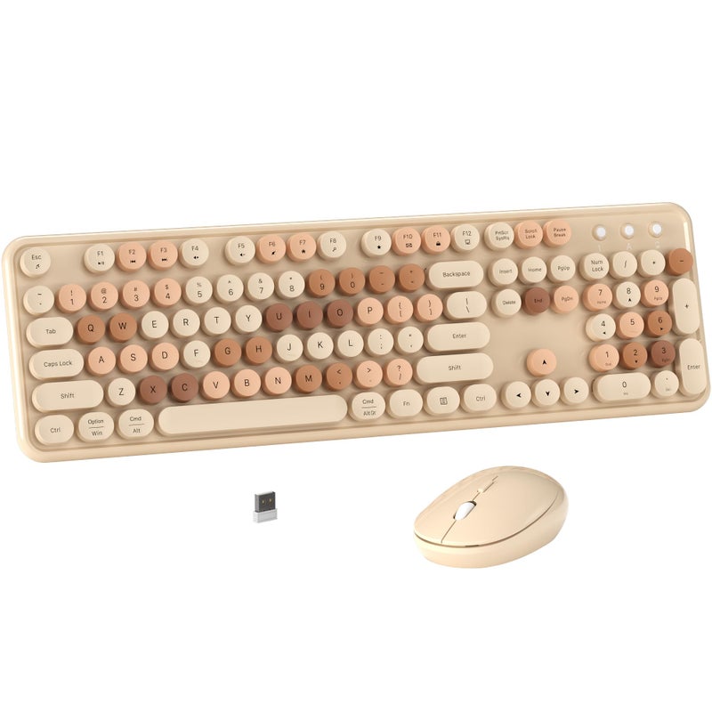 MPTOG Colorful Wireless Computer Keyboard and Mouse Combo with Round Typewriter Keycaps, Retro Design, Power Switch, Ergonomic Design, 2.4GHz Wireless for Windows, Mac, PC(Milk-Tea Colorful) - Image 1