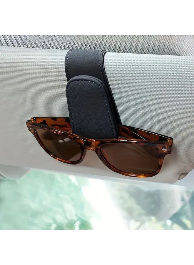 Black Magnetic Car Sun Visor Glasses Holder With Card Slot Adjustable Grip - Image 1