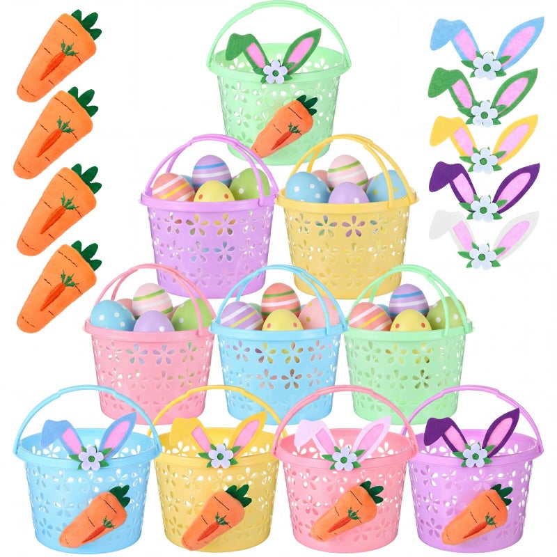 Willinglong 10 Set Easter Baskets Bulk Small Plastic Easter Egg Basket with Handle Carrots Bunny Ears 6.7'' Mini Empty Pastel Fillers Stuffers Bucket for Egg Hunt Spring Party Favors Gifts - Image 1