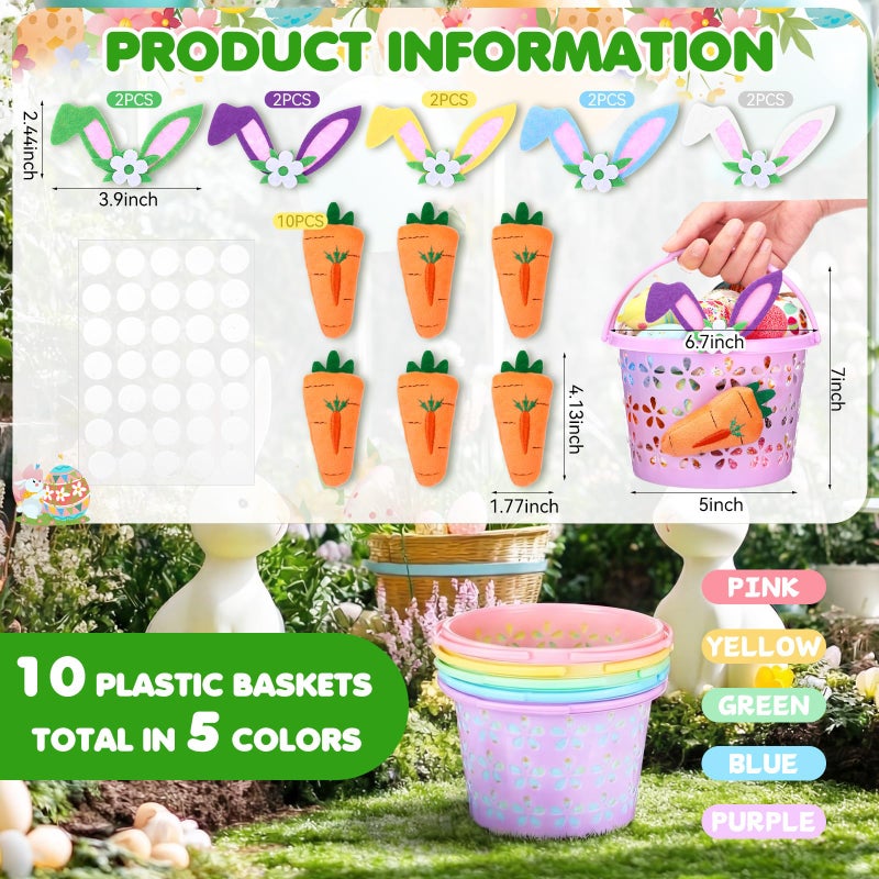 Willinglong 10 Set Easter Baskets Bulk Small Plastic Easter Egg Basket with Handle Carrots Bunny Ears 6.7'' Mini Empty Pastel Fillers Stuffers Bucket for Egg Hunt Spring Party Favors Gifts - Image 2