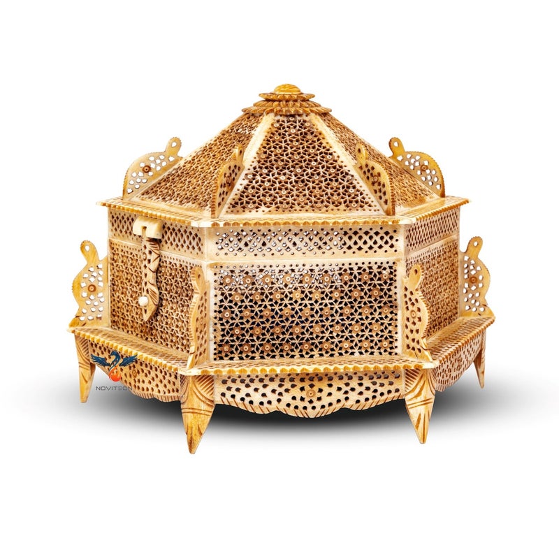 Novitson Royal Aibak Antique Dome Jewel Box – Handcrafted Limited Edition | AnimalBone Exterior, Blue Velvet Interior | Vintage Keepsake Storage for Valuables & Decor - Image 1