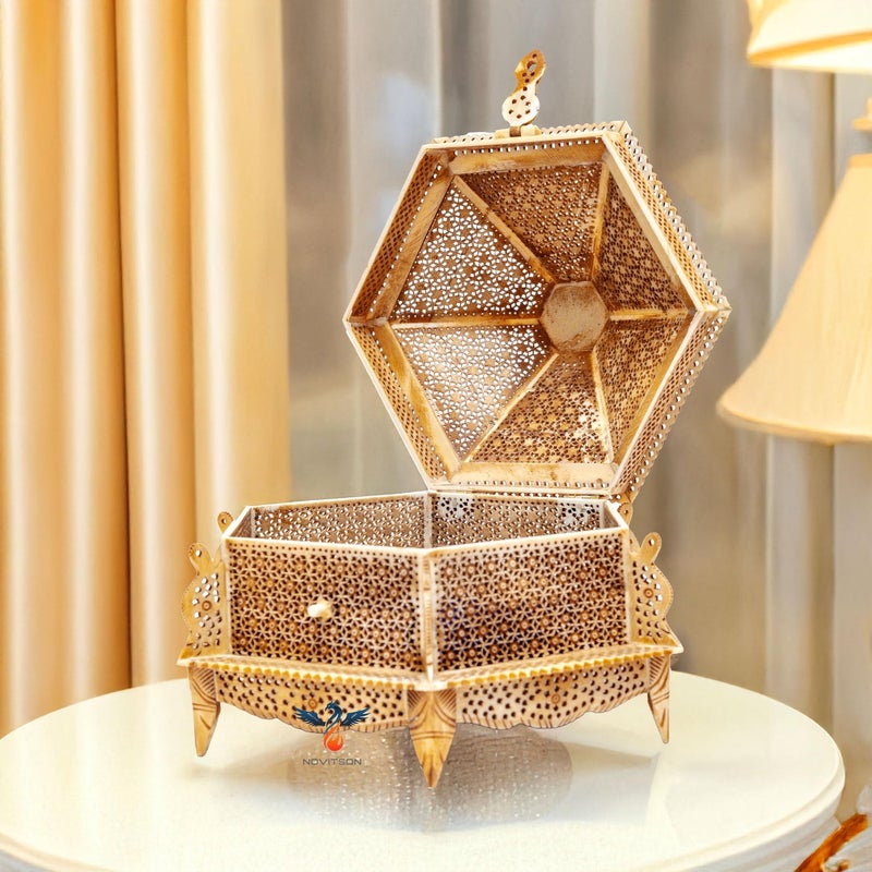 Novitson Royal Aibak Antique Dome Jewel Box – Handcrafted Limited Edition | AnimalBone Exterior, Blue Velvet Interior | Vintage Keepsake Storage for Valuables & Decor - Image 3