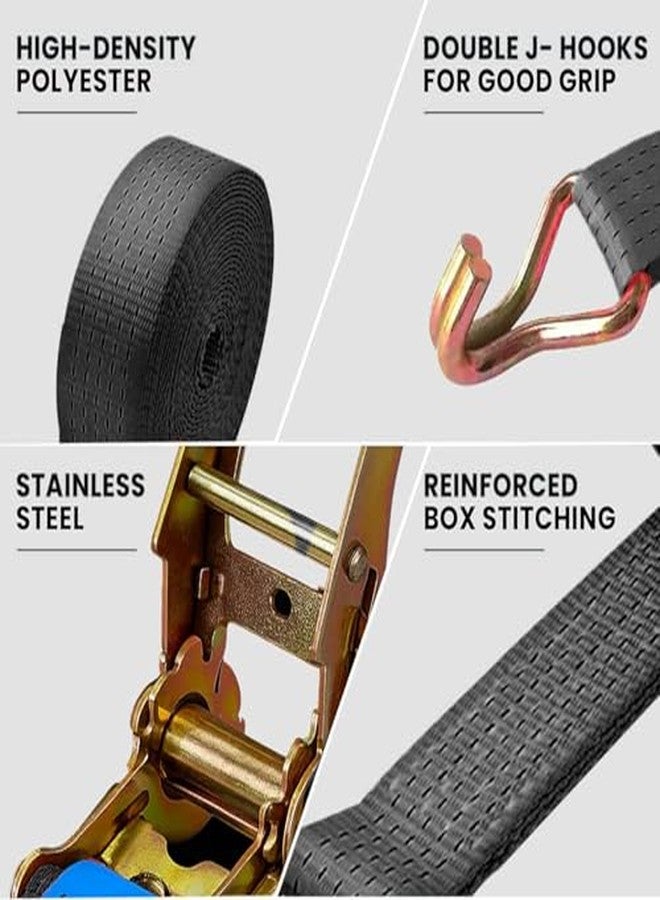 روبوست حزام ربط متين - عبوة من قطعتين (أسود) | حزام شد شديد التحمل | 50 مم × 10 أمتار | الخامة | أحزمة أمتعة بخطافات مزدوجة على شكل حرف J | مقاوم للتآكل والتمزق - Image 3