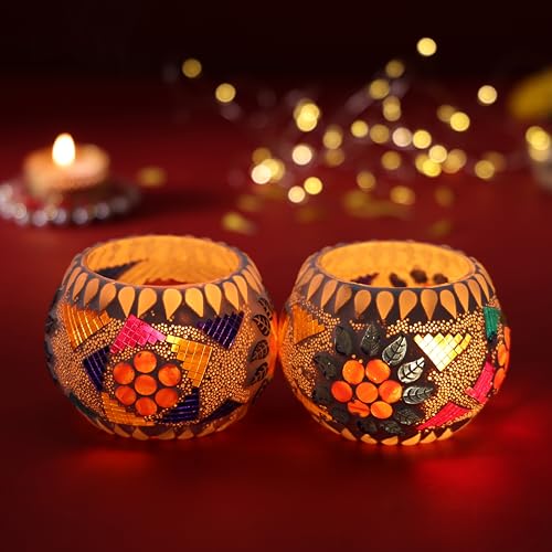 FlowerAura Premium Set of 2 Turkish Mosaic Glass Votive Tealight Candle Holders for Home Decor, Wedding Decor, Christmas Decor, Candle Light Dinner Decor, Bedroom Decor, Festive Decor, Table Decor - Image 1