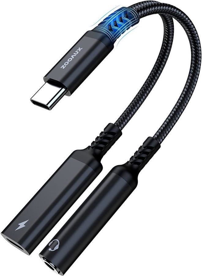 ZOOAUX USB C to 3.5mm Headphone and Charger Adapter,2 in 1 USB C to Aux Audio Jack with PD 60W Fast Charging Dongle Cable Cord for Galaxy S23/S22/S21/S20 Ultra, iPad Pro,Pixel(Black) - Image 1