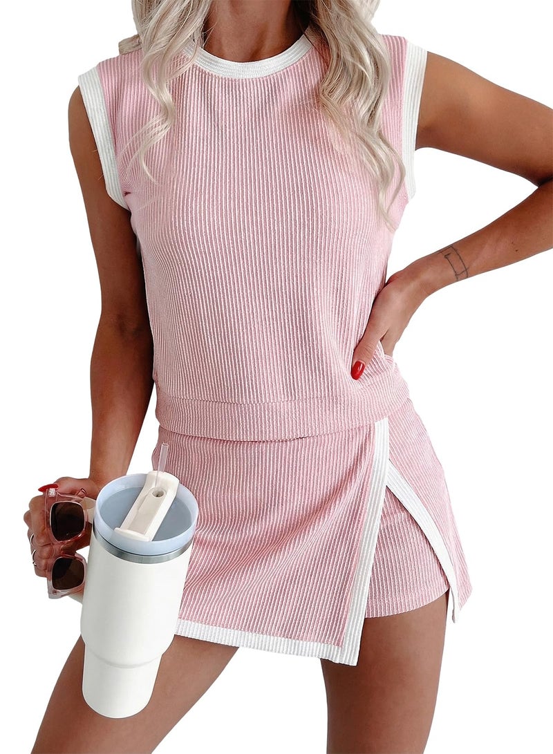 EVALESS 2 Piece Sets for Women Summer Matching Athletic Lounge Outfits Ribbed Knit Tank Top and Elastic Waist Split Lined Skirt 2026 Spring Trendy Womens Two Piece Workout Casual Set Pink Medium - Image 1