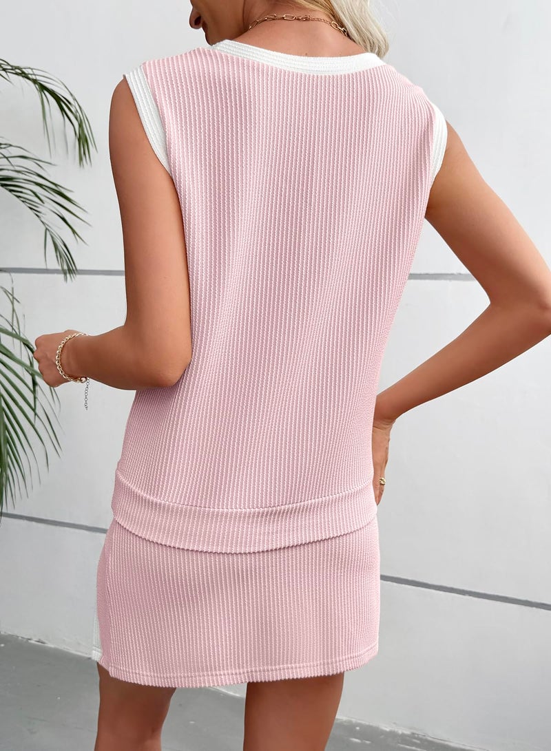 EVALESS 2 Piece Sets for Women Summer Matching Athletic Lounge Outfits Ribbed Knit Tank Top and Elastic Waist Split Lined Skirt 2026 Spring Trendy Womens Two Piece Workout Casual Set Pink Medium - Image 2