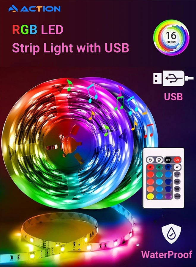 أكشن شريط إضاءة LED RGB لغرفة النوم - متوفر بألوان متعددة، مع جهاز تحكم عن بُعد بلاستيكي USB، مقاوم للماء، مثالي لغرف النوم، والتلفزيون، وسطح المكتب، وديكورات أحواض السمك. شريط إضاءة حائط، بطول 2 أمتار. - Image 1